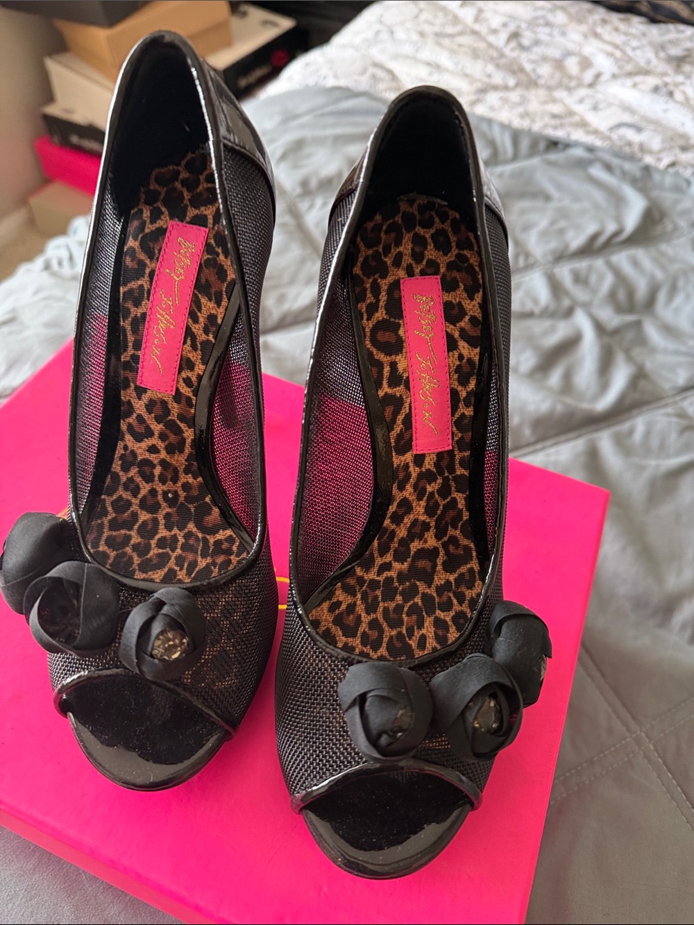 Betsey Johnson Black Peep-Toe Heels with Floral Rosette Detail